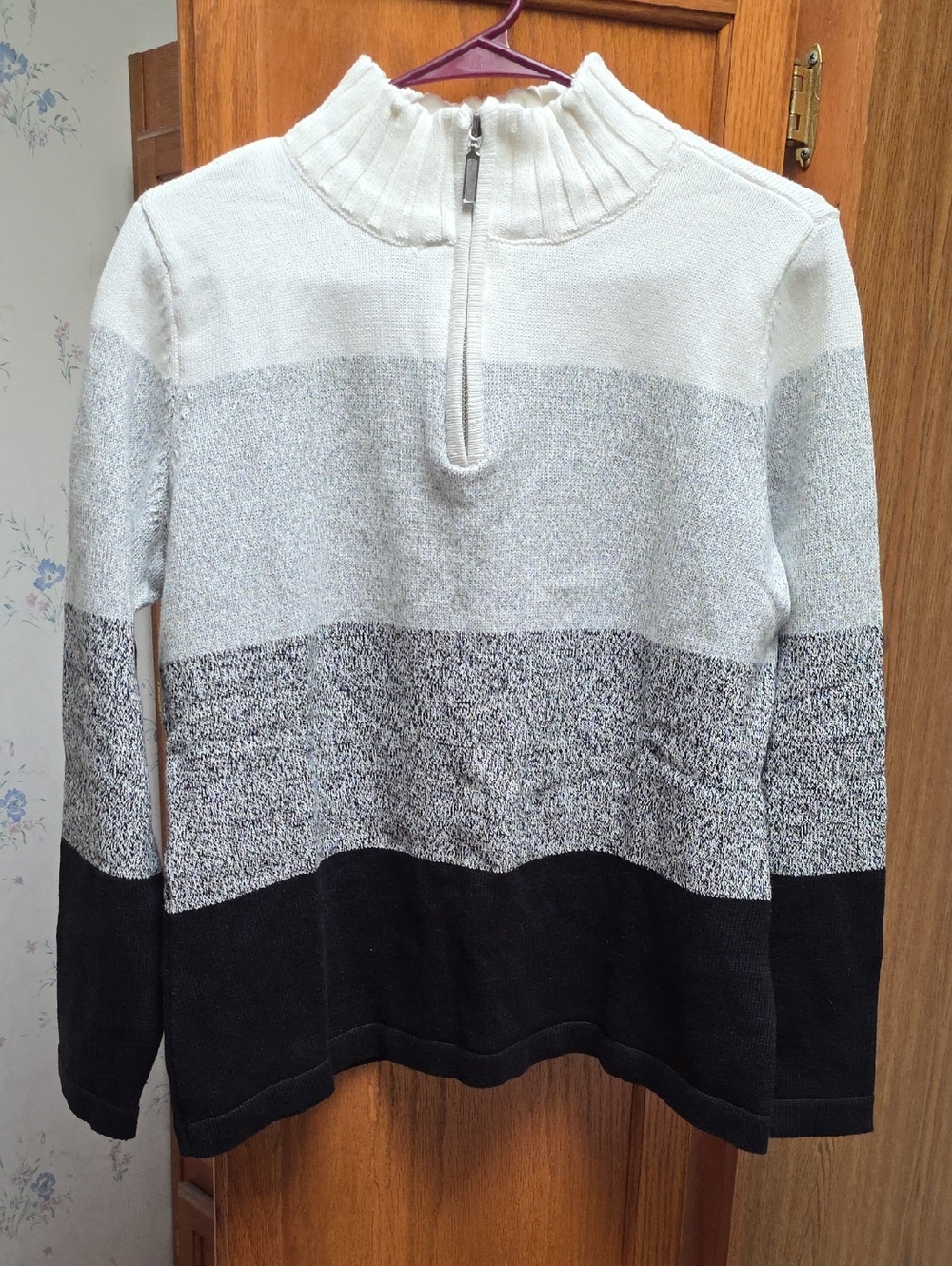 Karen Scott Women's Striped Half-Zip Sweater in White, Gray, Black